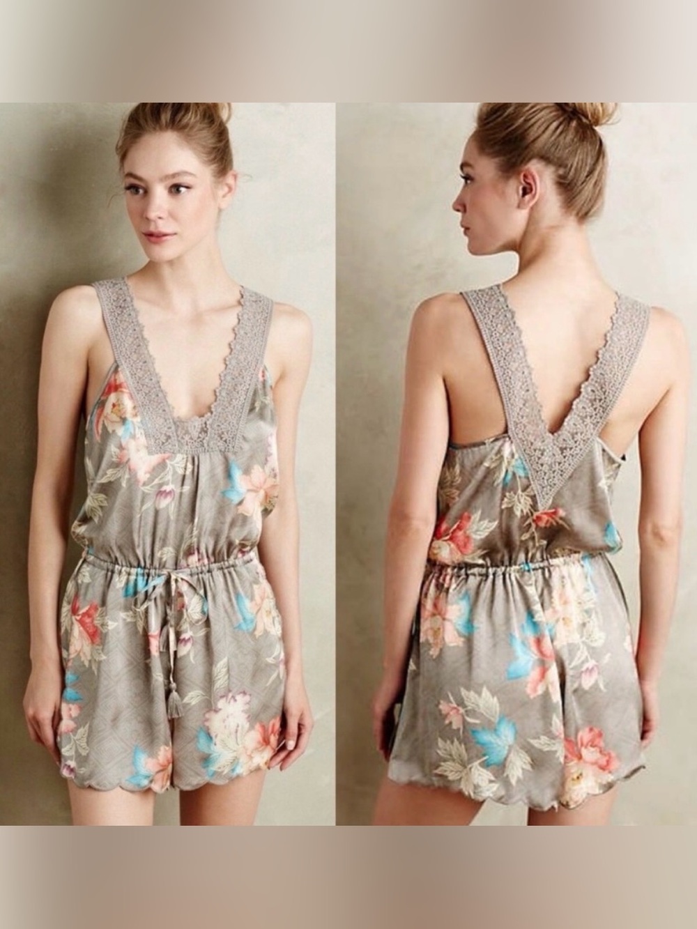 Anthropologie E by Eloise Floral Lace Loungewear Romper Gray Small Boho Coquette